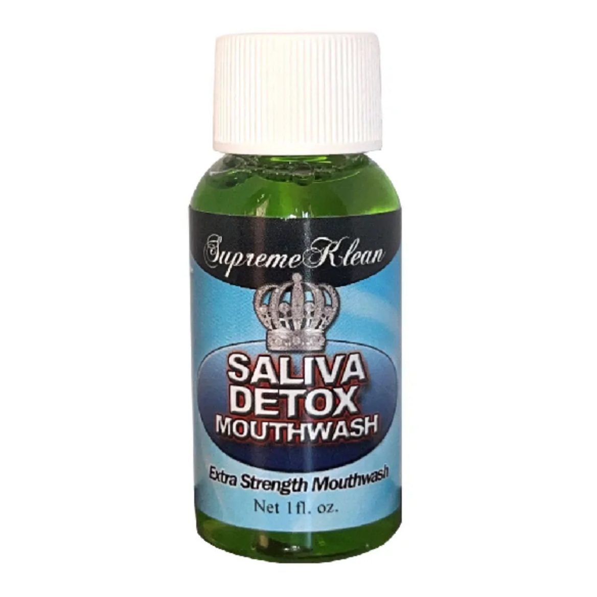 An image of the Supreme Klean Saliva Detox Mouthwash, a product used for detoxifying saliva to pass a drug test. The bottle features a sleek design with a blue label, displaying the brand name "Supreme Klean" prominently at the top. Below the brand name, the product name "Saliva Detox Mouthwash" is clearly visible. The label also highlights its purpose and instructions for use. The bottle is equipped with a secure, twist-off cap.