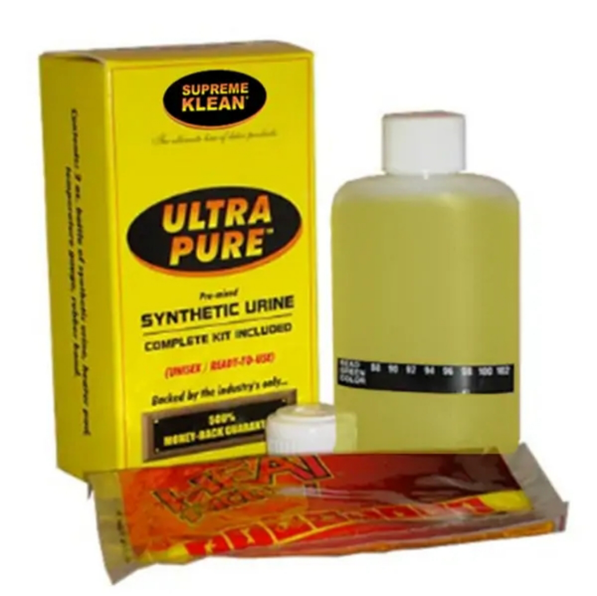 An image of the Ultra Synthetic Urine Kit by Macujo, designed for passing a urine test. The kit includes a bottle labeled "Ultra Synthetic Urine" and additional components such as a heating pad and a temperature strip. The packaging is professional and clearly marked, emphasizing its use for ensuring a negative result in a urine drug test. The components are arranged neatly, showcasing the completeness of the kit.