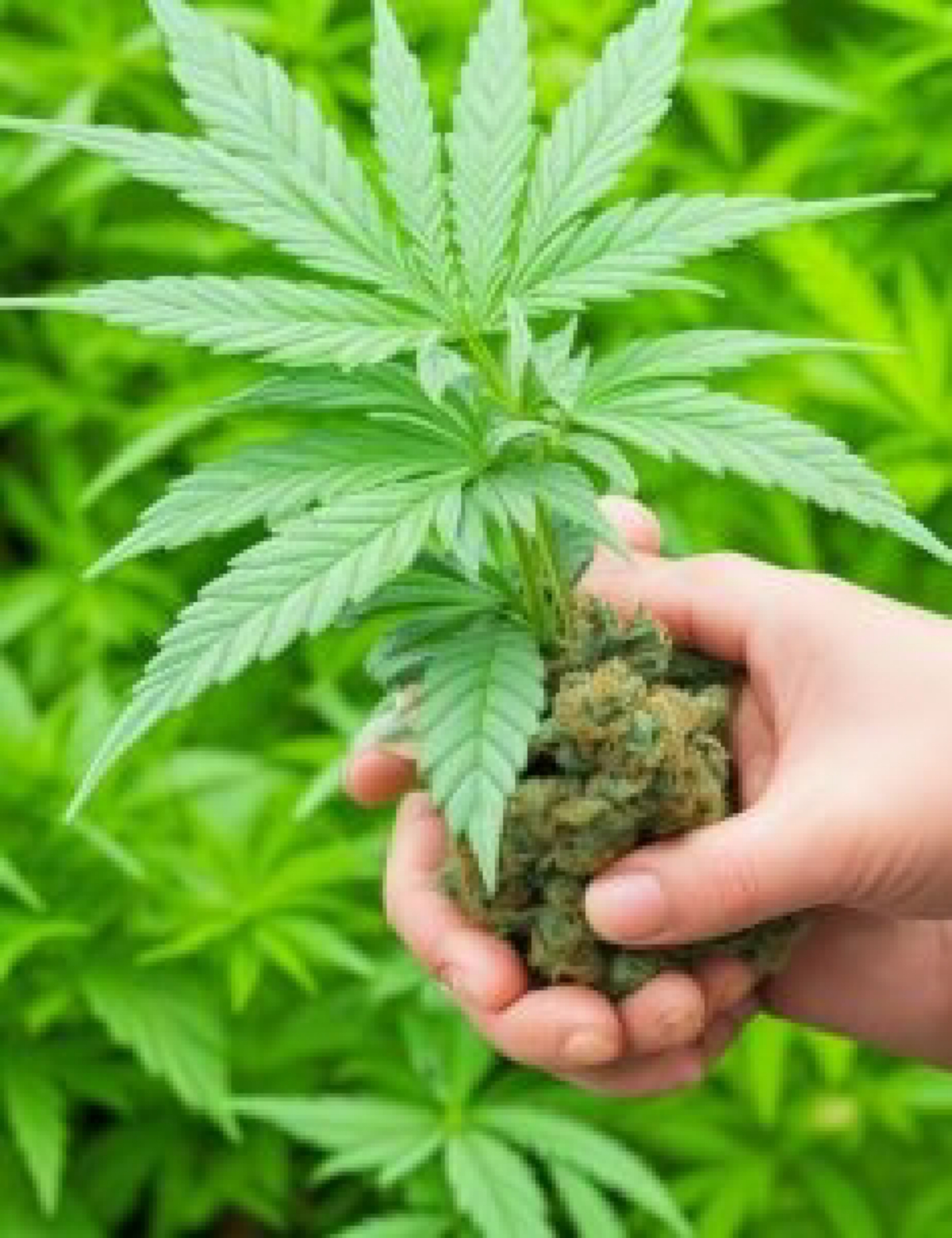 An image of marijuana, showing a close-up of dried cannabis buds. The buds are green with orange hairs and covered in frosty white trichomes. The texture appears dense and sticky, with visible details of the plant's natural structure. The background is neutral, keeping the focus on the marijuana buds.